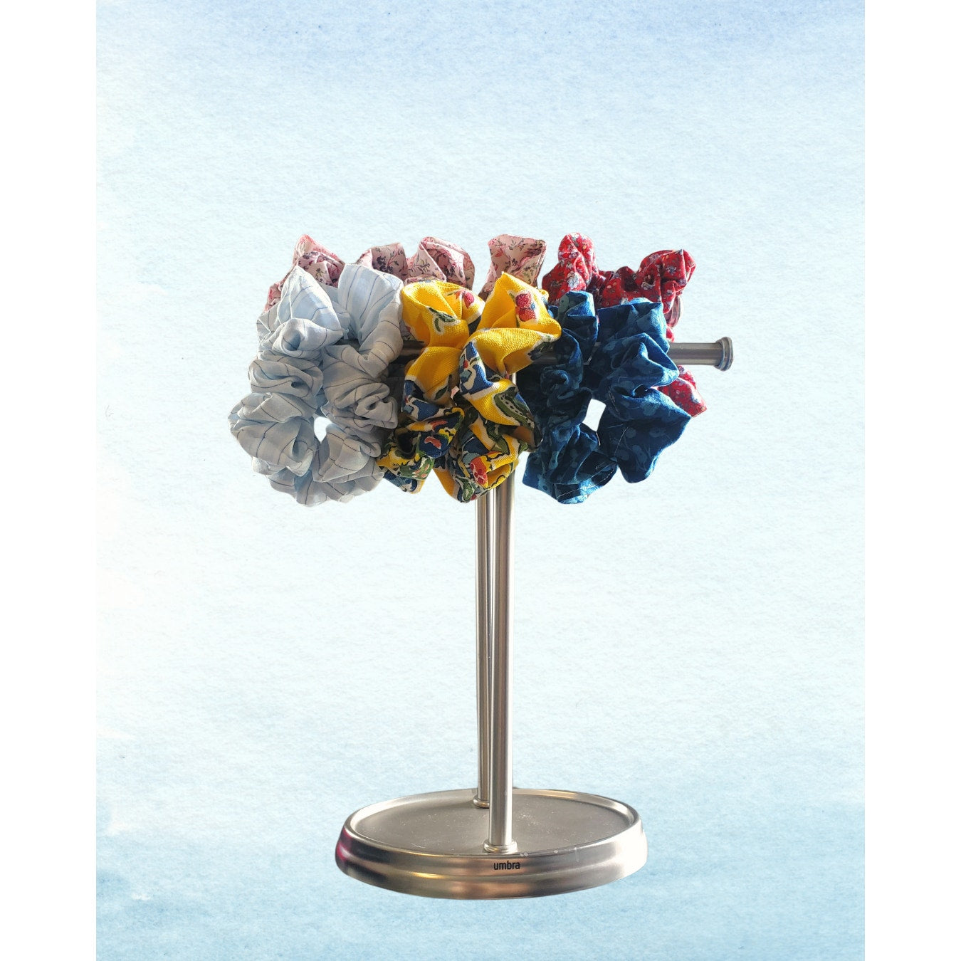 Blue florals - Large Cotton Scrunchies handmade from recycled fabrics unique