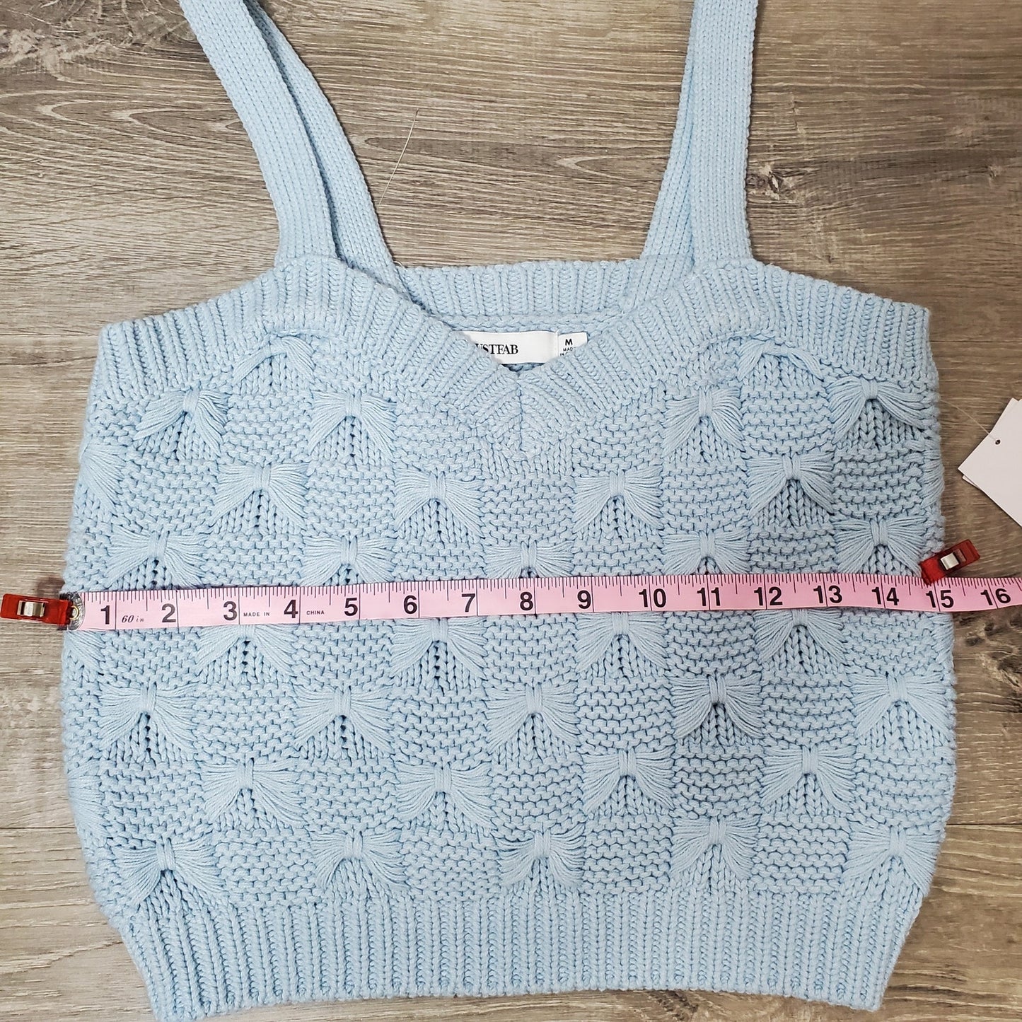 Crochet crop top light blue pastel bow detail M womens Just Fab NWT