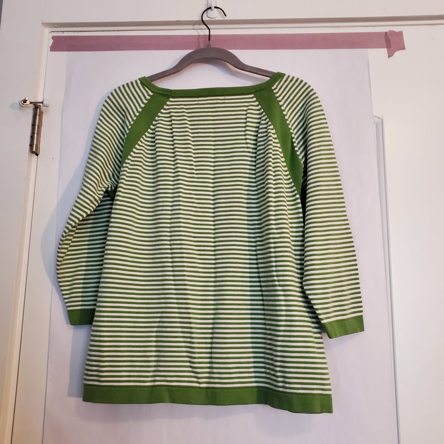 Green striped 3/4 sleeve sweater L 100% cotton Liz Claiborne w/ breast pocket