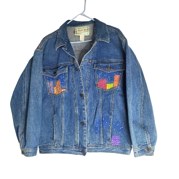 Vintage blue jean jacket hand painted city skyline scene size medium