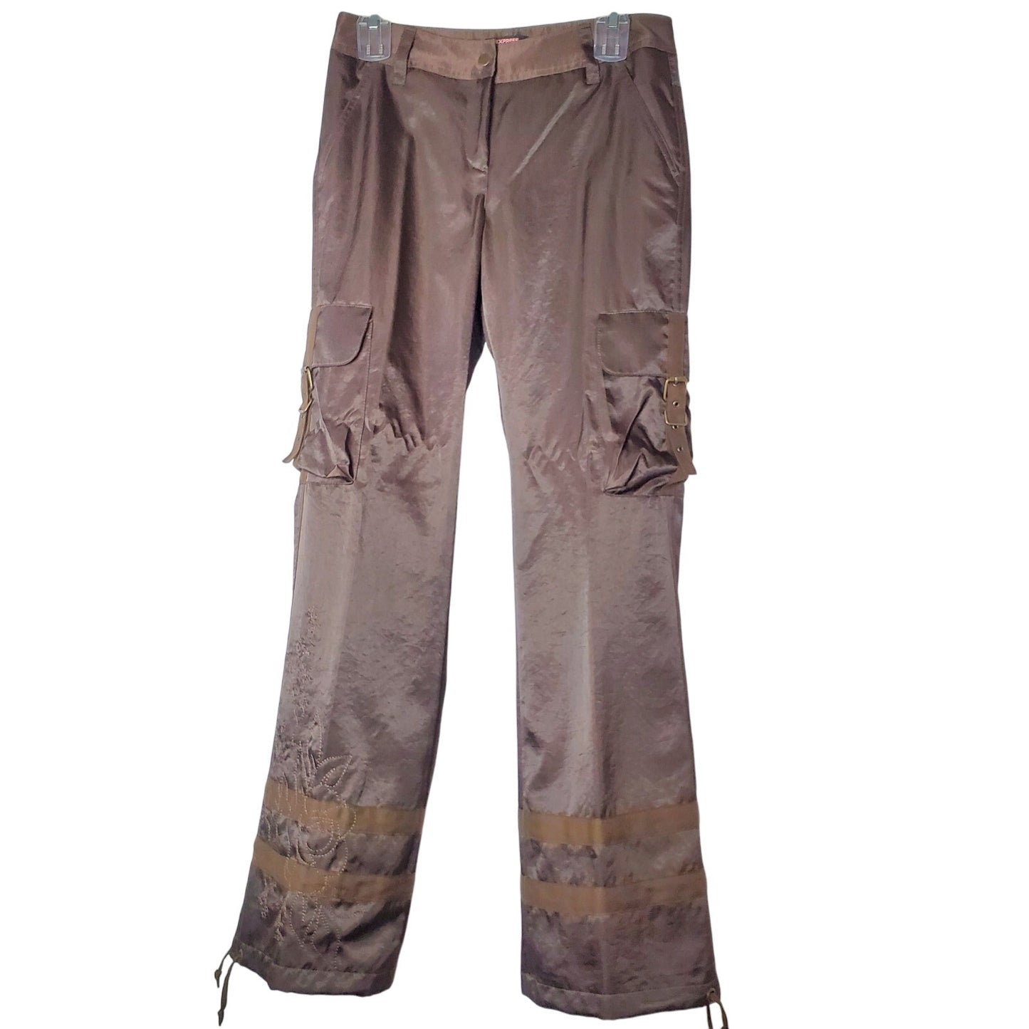 Express satin brown pants w/ cargo pockets, floral embroidery mid-ride W30 L31