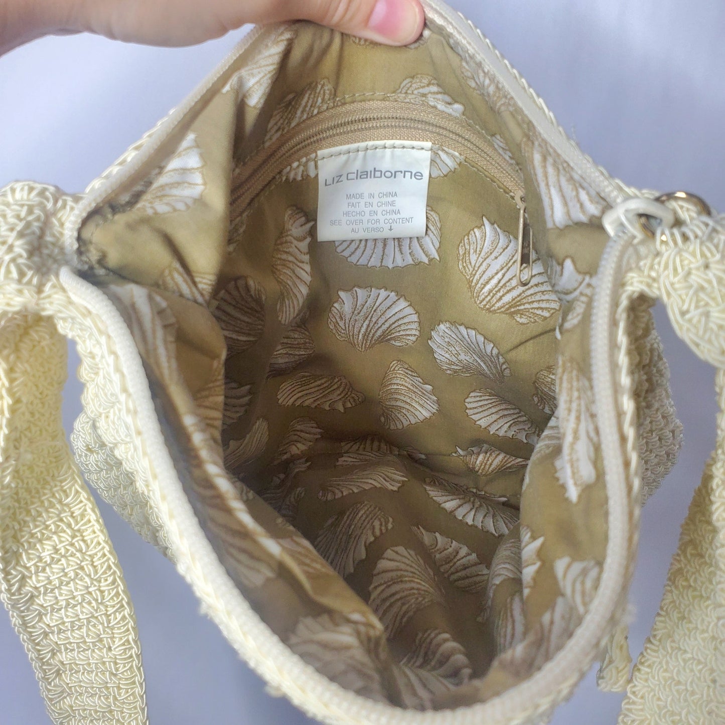 Cream crochet purse Liz Claiborne vintage woven knit white beach boho hippie