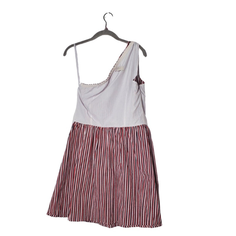 Asymmetrical vertical stripe cotton dress Loft size 6 one shoulder bow red black