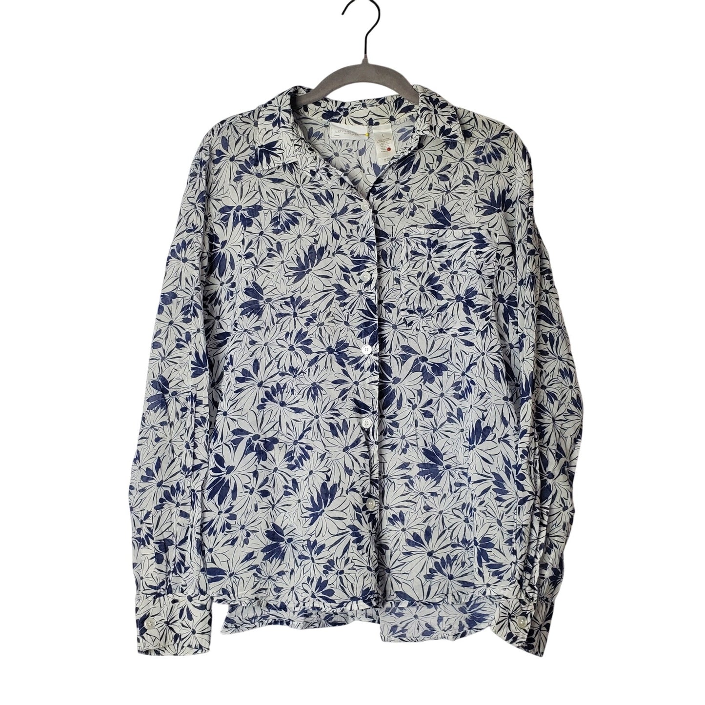 Lizsport Liz Claiborne sport blouse white blue flowers button up womens large