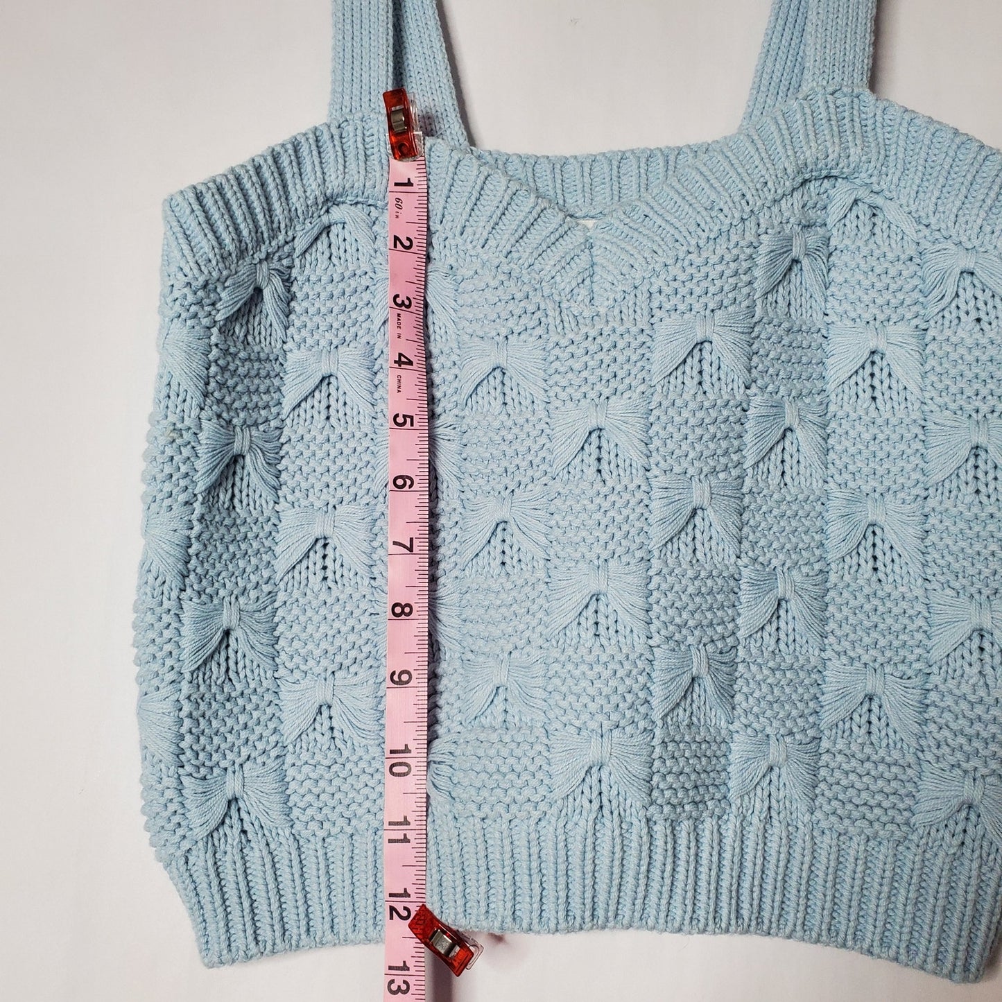 Crochet crop top light blue pastel bow detail M womens Just Fab NWT