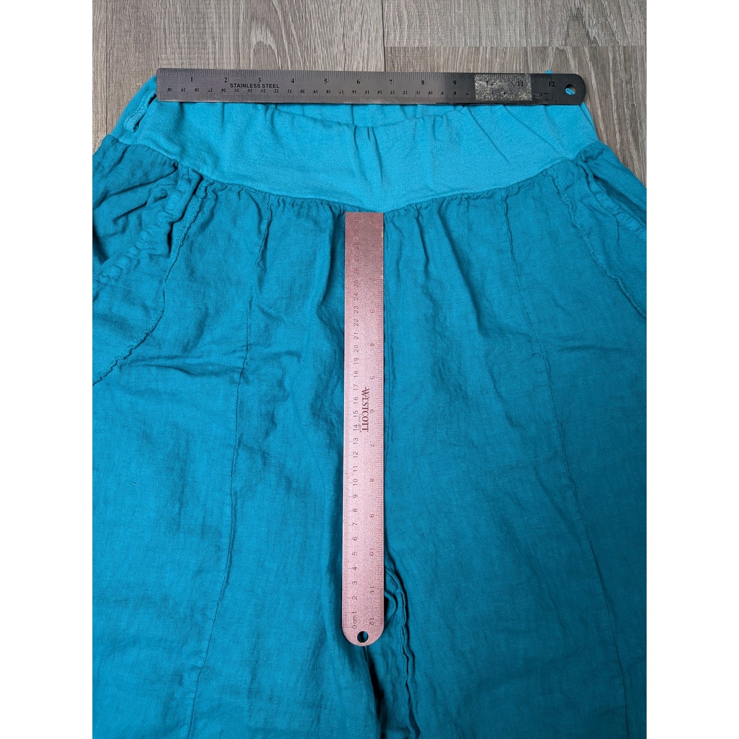 100% linen teal blue pants stretch waist unbranded 36L 24 W (stretchy) Small
