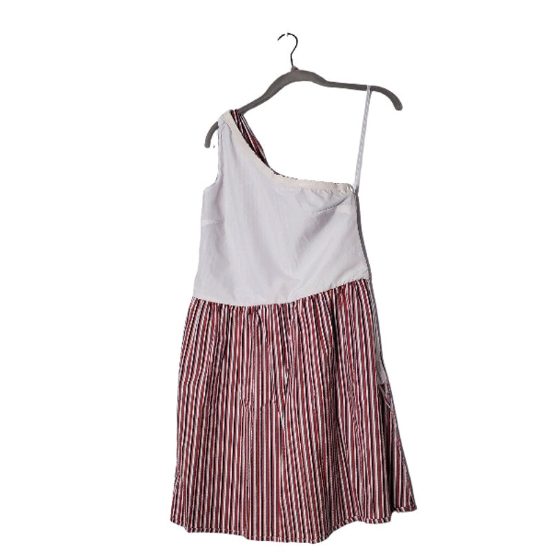 Asymmetrical vertical stripe cotton dress Loft size 6 one shoulder bow red black