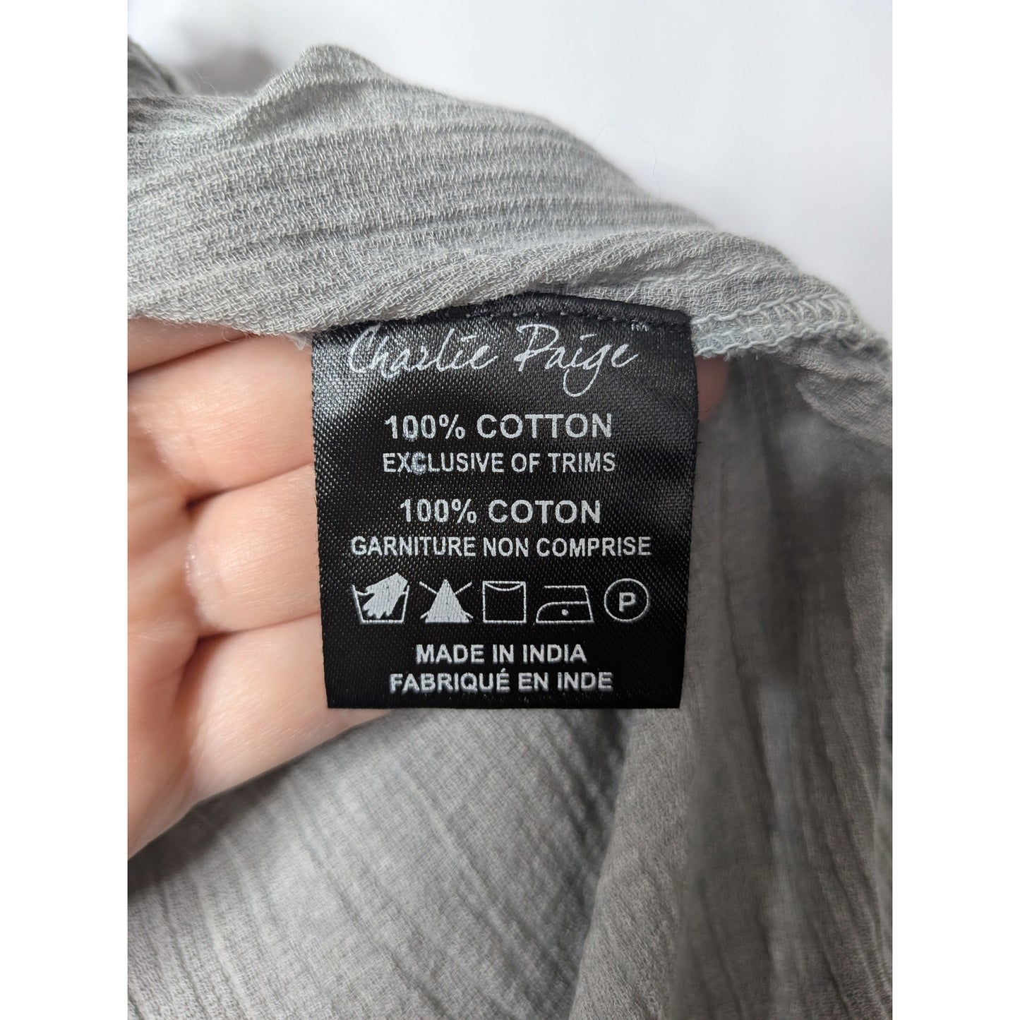 Charlie Paige gray button down dress 100% cotton embroidery and lace S/M