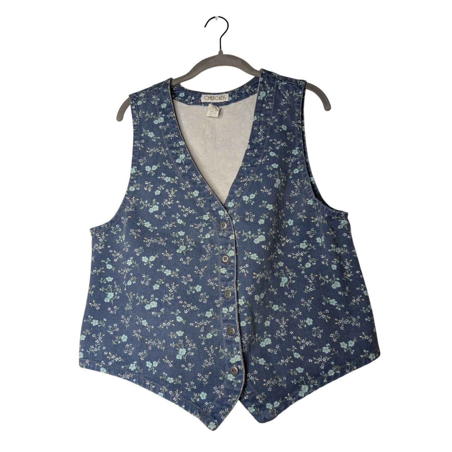 Cherokee cotton denim vest blue floral pattern vintage boho chic