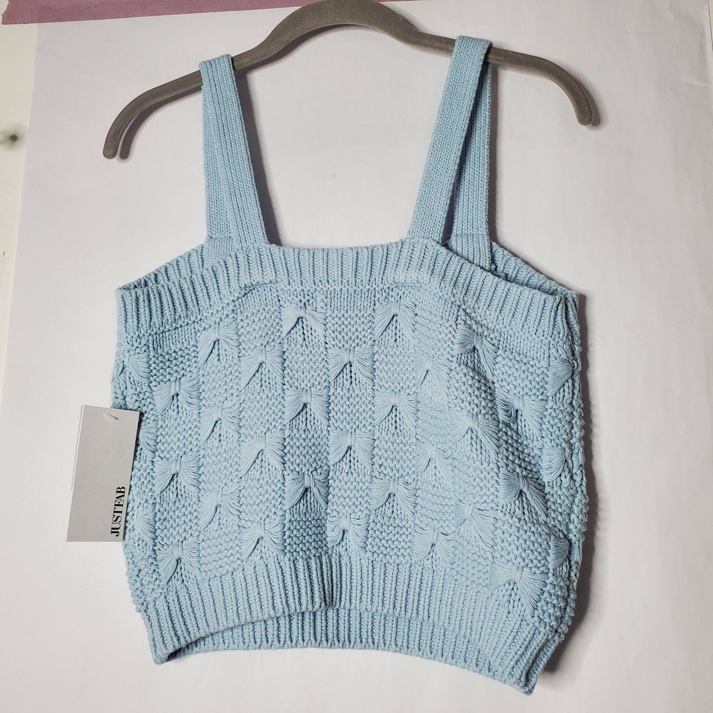Crochet crop top light blue pastel bow detail M womens Just Fab NWT