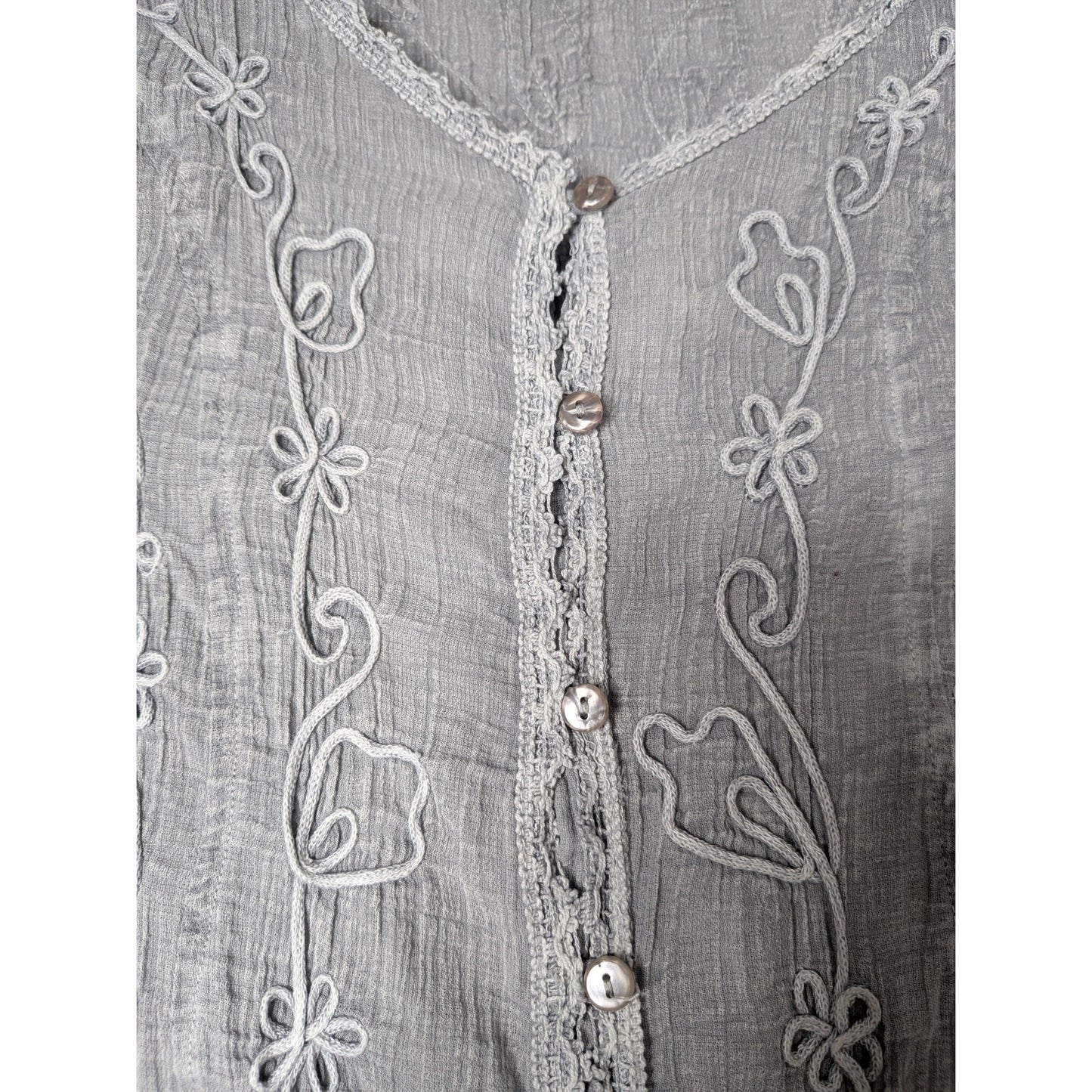 Charlie Paige gray button down dress 100% cotton embroidery and lace S/M