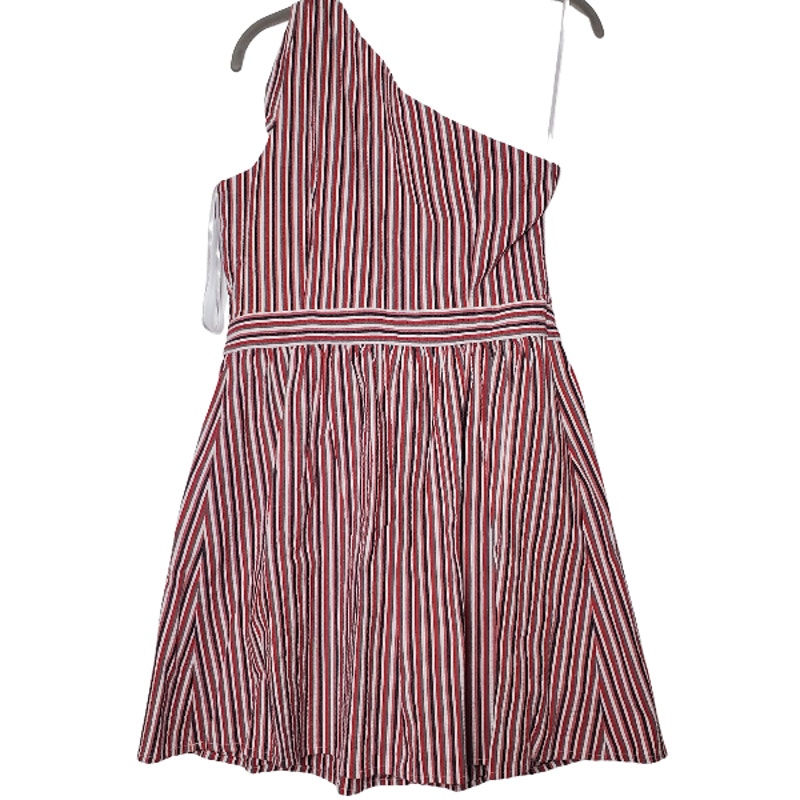 Asymmetrical vertical stripe cotton dress Loft size 6 one shoulder bow red black