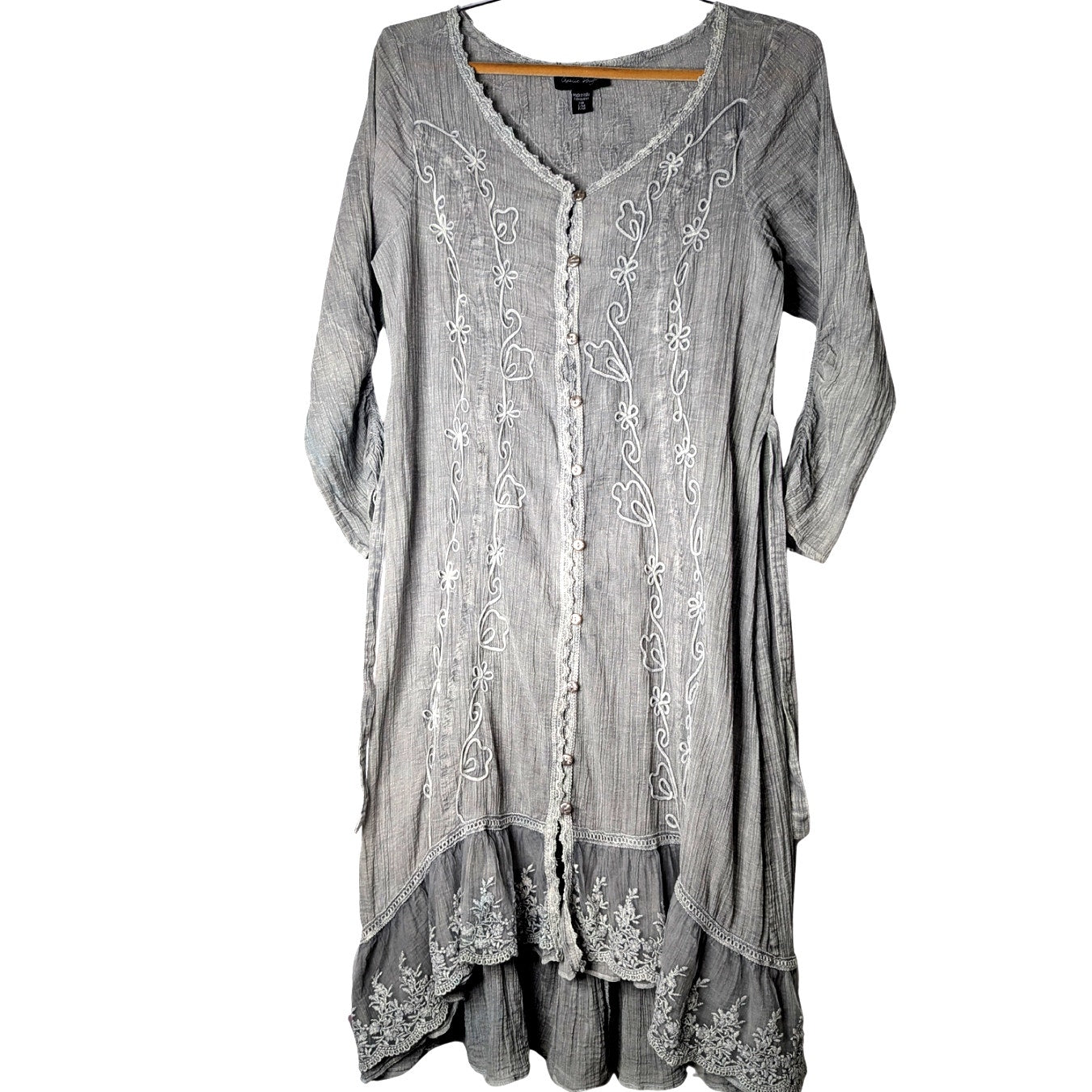 Charlie Paige gray button down dress 100% cotton embroidery and lace S/M