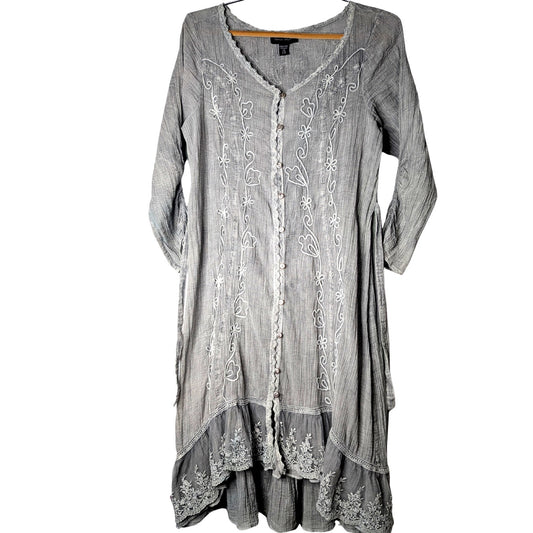 Charlie Paige gray button down dress 100% cotton embroidery and lace S/M