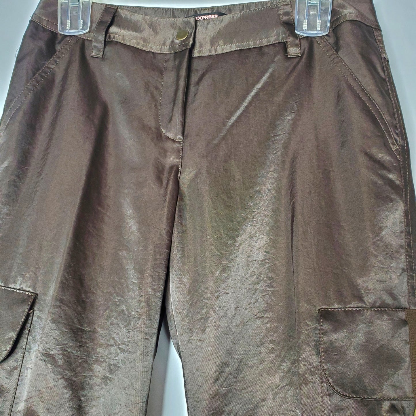Express satin brown pants w/ cargo pockets, floral embroidery mid-ride W30 L31