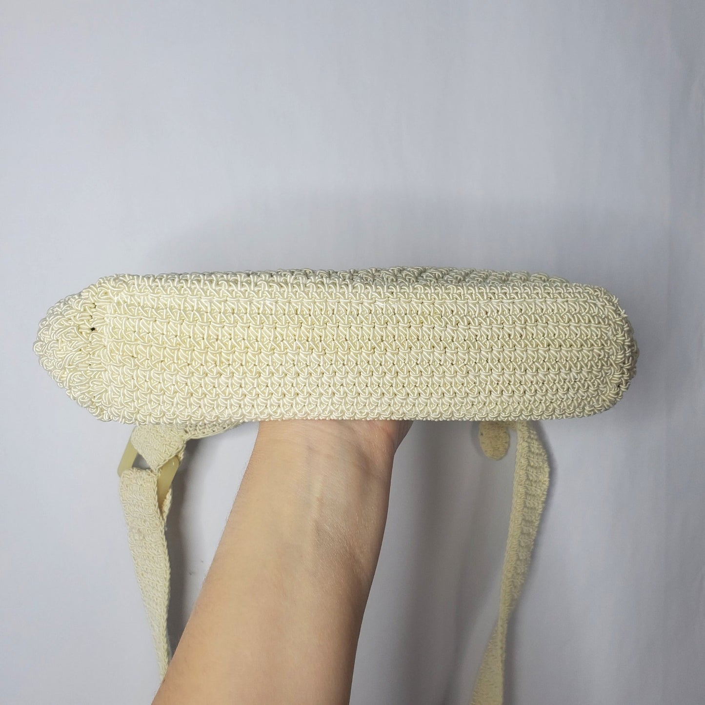 Cream crochet purse Liz Claiborne vintage woven knit white beach boho hippie