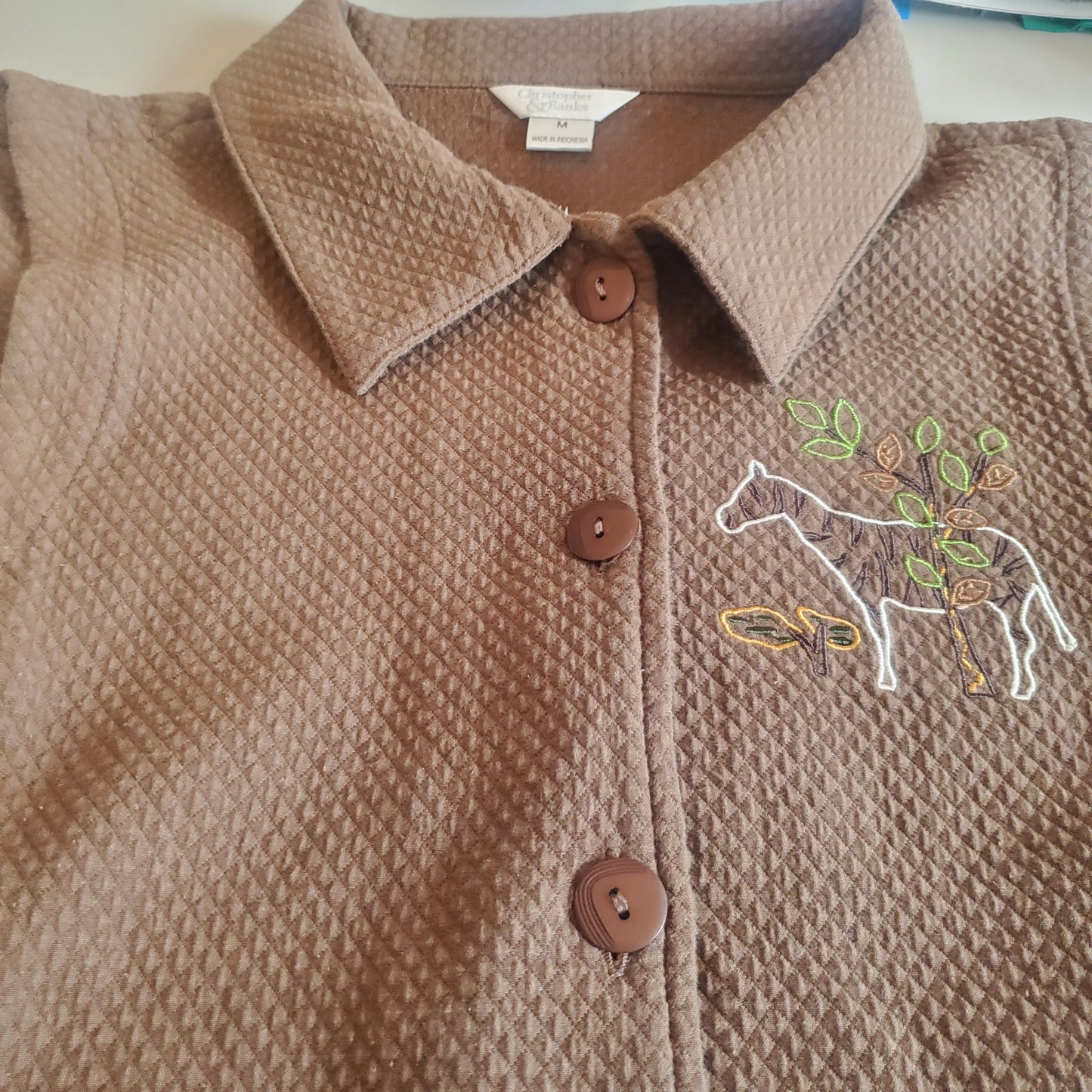 Christopher & Banks embroidered brown vest, elephants and giraffes oh my!