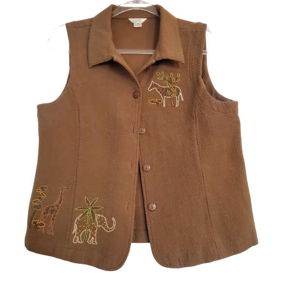 Christopher & Banks embroidered brown vest, elephants and giraffes oh my!