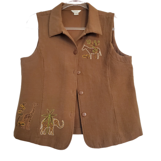 Christopher & Banks embroidered brown vest, elephants and giraffes oh my!