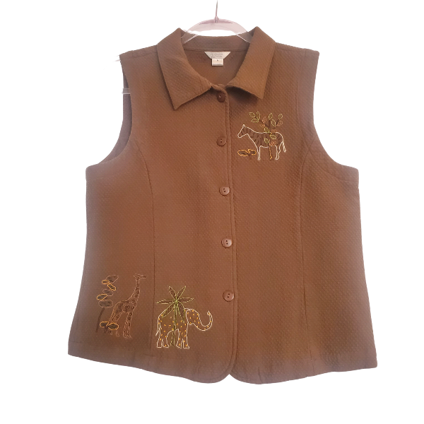 Christopher & Banks embroidered brown vest, elephants and giraffes oh my!